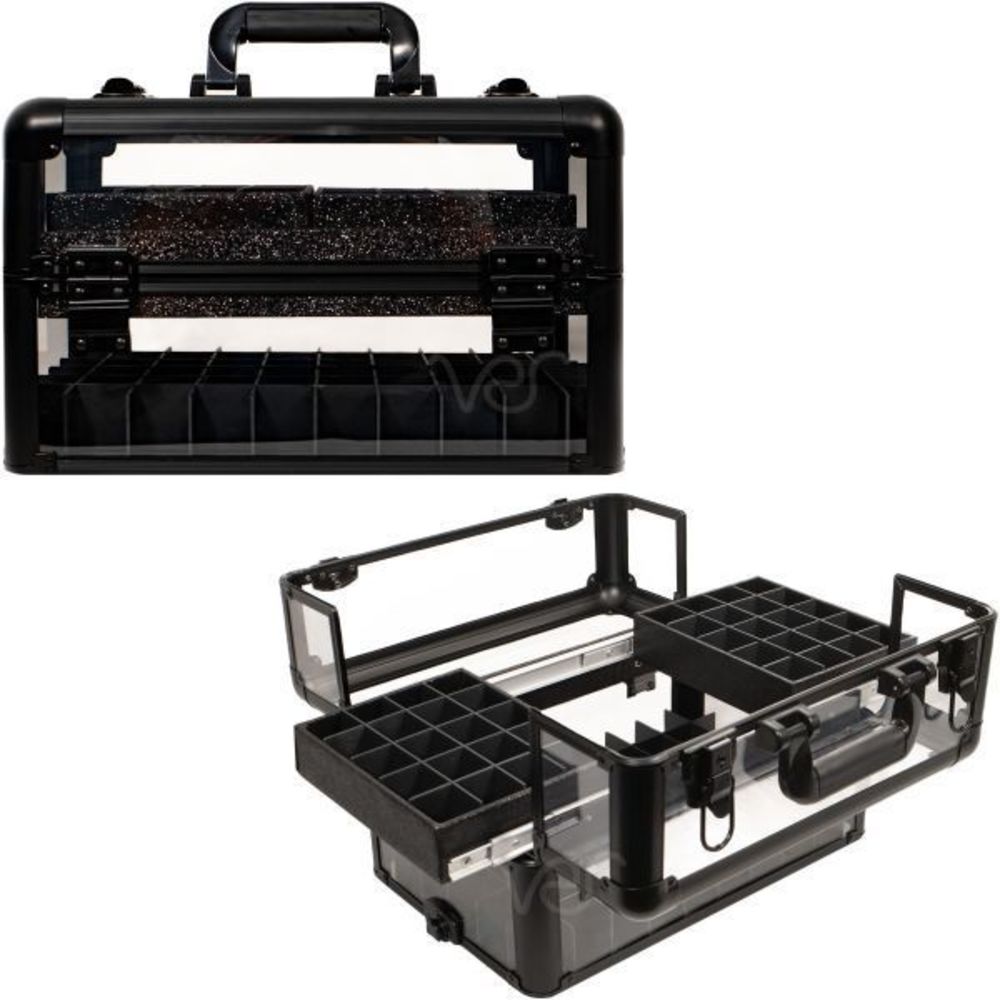 Black Cosmetics Case Easy Slide Trays Makeup & Nails Case with Foundation Holder